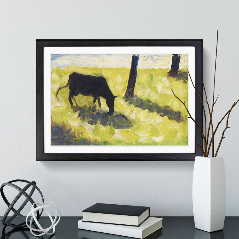 Black Cow in a Meadow by Georges Seurat - Picture Frame Painting, Black Framed, 48cm H x 65cm W x 2cm D