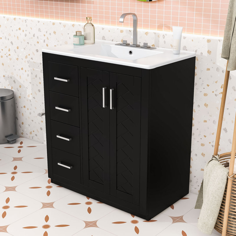 Meuble-lavabo de salle de bain élégant avec lavabo - structure en bois, Noir