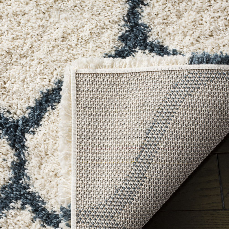Tate Hudson Shag Performance Geometric Rug, Ivory/Slate Blue, Runner 2'3" x 16'