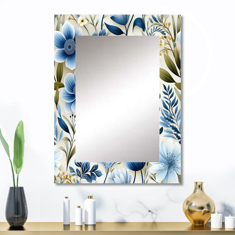 Charquita White And Blue Ranunculus Fauna Pattern - Floral Decorative Wall Mirror, Cottage Mirror, Printed Metal Art
