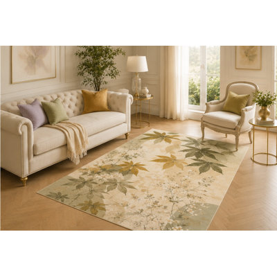 "Ultra Lightweight" 5'x7' Autumn Leaf Botanical Carpet, Smooth Low Profile Home Accent with Anti-Skid Silicone Base for Lounge, Bedroom, Dining Space, Study, Children and Pets