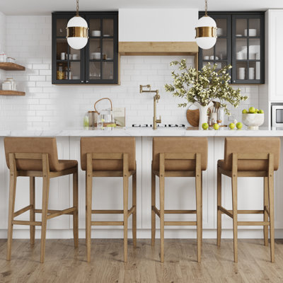 Exposed Back Upholstered Bar Stool with Solid Wood Legs, 4-Pack
