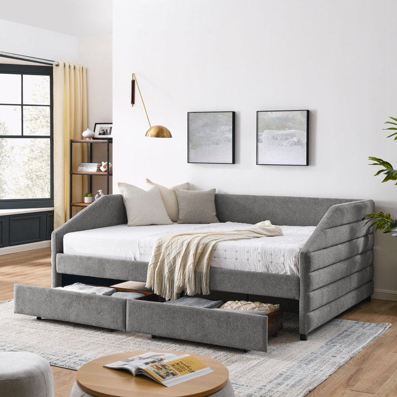 Lit de jour avec 2 tiroirs Linen Upholstery, Gris, Grand lit