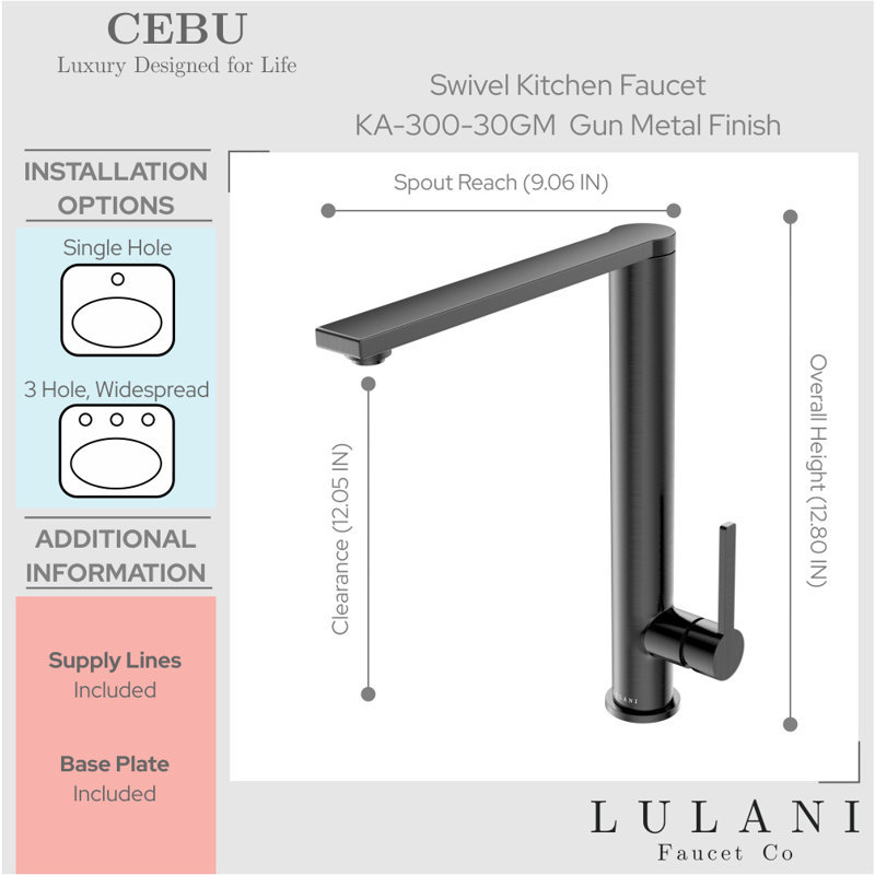 Lulani Cebu Swivel Single Handle Kitchen Faucet, Gun Metal