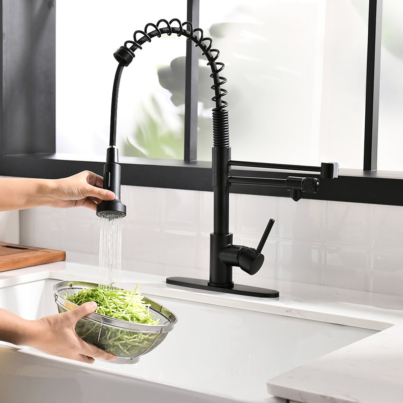 Robinet d'évier de cuisine à filtre rétractable noir mat avec support de séchage pour vaisselle, robinet à 3 voies, tête de pulvérisation à double fonction à poignée simple, tête contemporaine en laiton massif 44