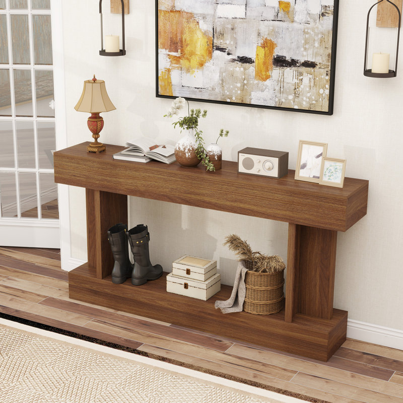 Console de 63 po de long, table d'entrée vintage, brun foncé, Bois brun foncé