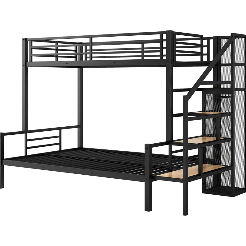 Lit superposé simple au-dessus d'un lit double en métal avec rangement et garde-robe chic, escalier noir et suspension