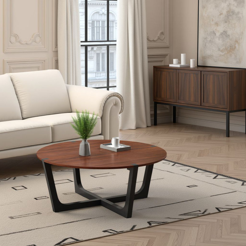 Table basse en bois massif 44 po - Table ronde moderne en acacia brun et noir
