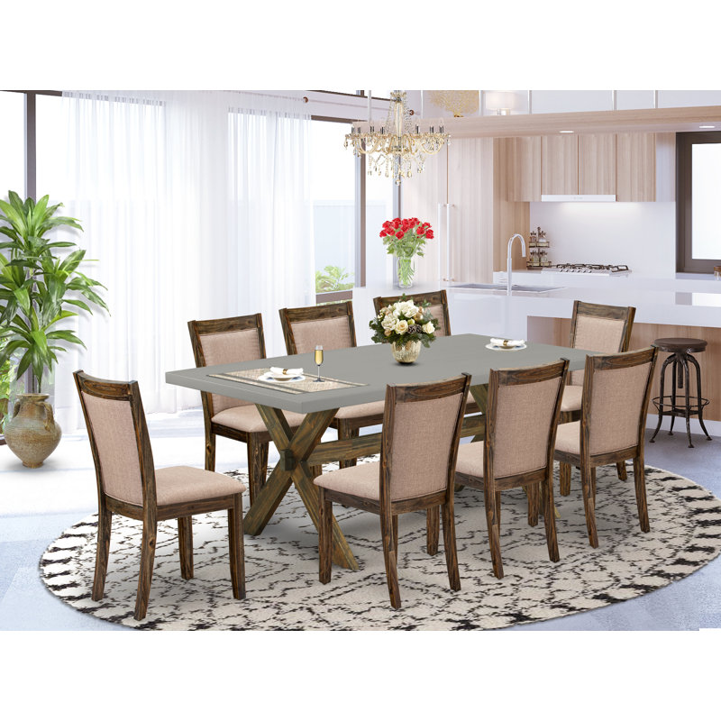 Ensemble de table de cuisine 9 pièces comprenant une table de salle à manger rectangulaire avec pieds en X et 8 chaises de salle à manger Parson en tissu kaki foncé