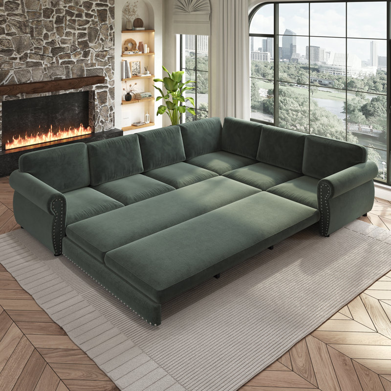 Upholstered L-Shaped Sectional Reversible, Dark Green Chenille