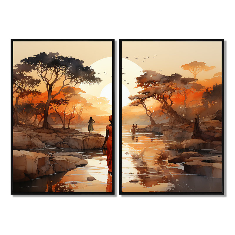 Voyage africain - art mural africain, Noir, H 36 po x l 48 po, Reproduction avec cadre flottant