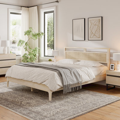 3-Piece Bedroom Set, Queen Bed Frame with Rattan Headboard & 2 Nightstand，Beige