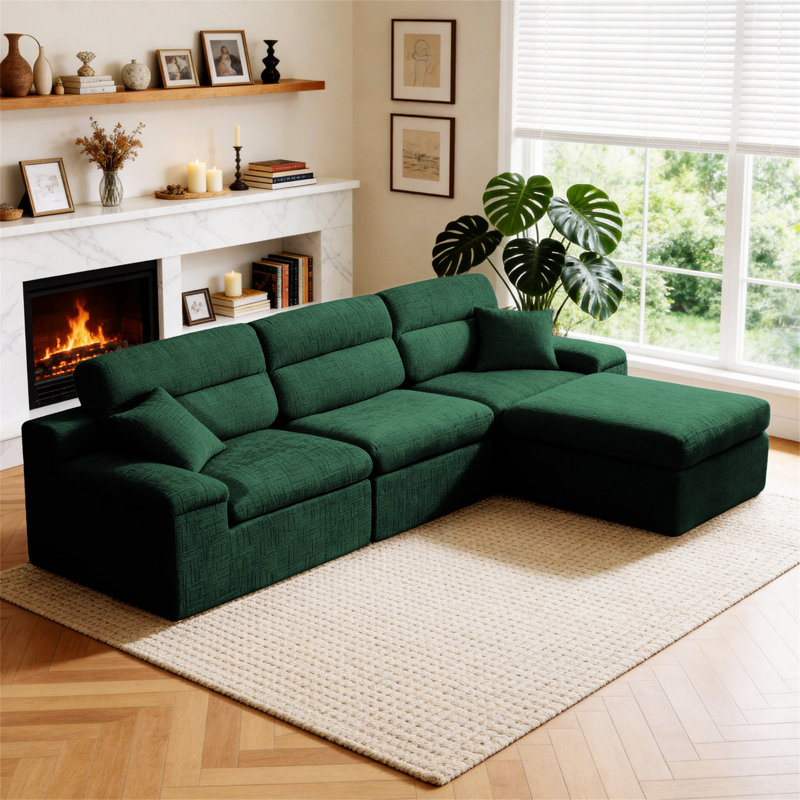 Canapé d'angle avec dossier haut, canapé en L avec chenille flammée, coussin en éponge haute densité compressé, canapé sans assemblage peu encombrant pour le salon, un appartement