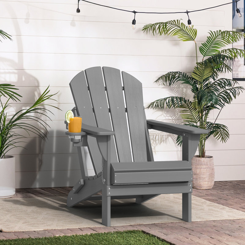 HDPE Outdoor Adirondack Foldable Chair With Cup Holder, Gray
