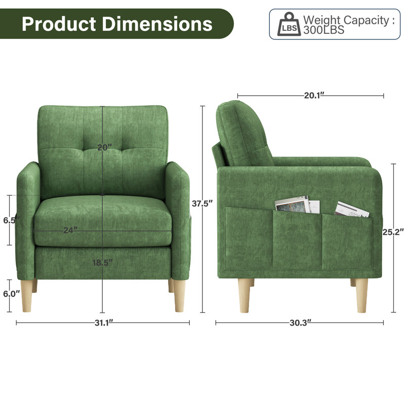 Ensemble de 2 fauteuils capitonnés en chenille avec poches de rangement George, Vert