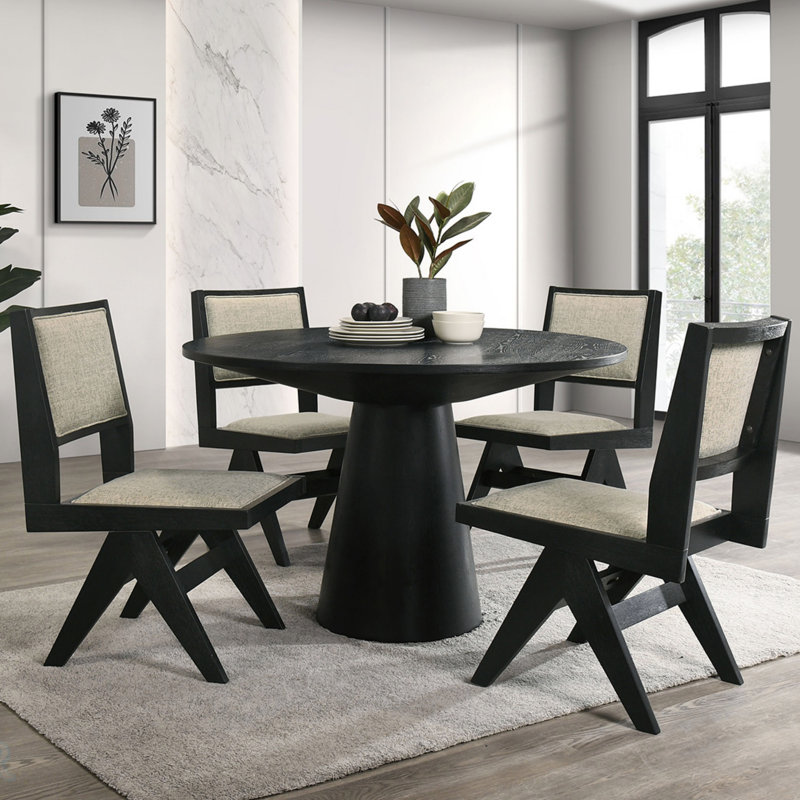 Ensemble de salle à manger contemporain 5 pièces avec revêtement gris, table ronde de 59 pouces et 4 chaises d'appoint, parfait pour les maisons modernes