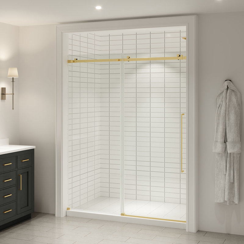 Ove Decors Selby 60 In. W X 74 In. H Frameless Sliding Clear Straight Alcove Shower Door, Gold