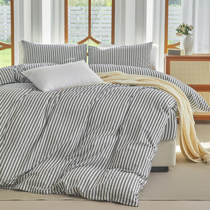 100% Washed Cotton Striped Duvet Cover Set Linen Like Comforter Set, Dark Gray/White, Full Duvet Cover + 2 Shams