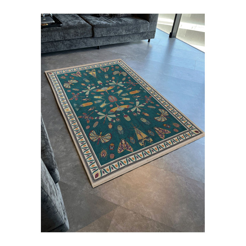 Tapis lavable décoratif bleu à motif papillon, Sous-tapis rectangulaire de 3 pi 3 po x 4 pi 11 po