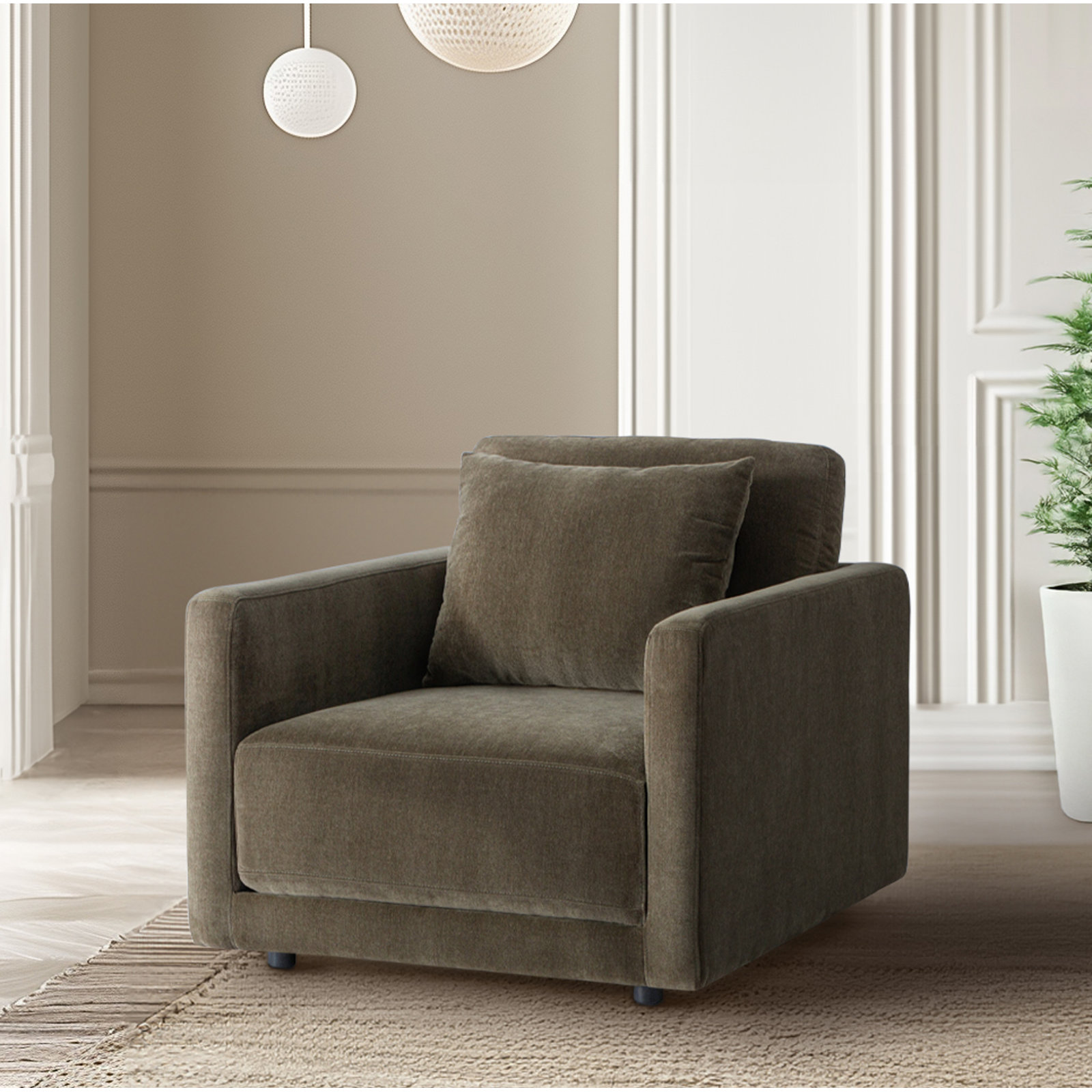 Kenji Oak Armchair, Olive Green Performance Chenille
