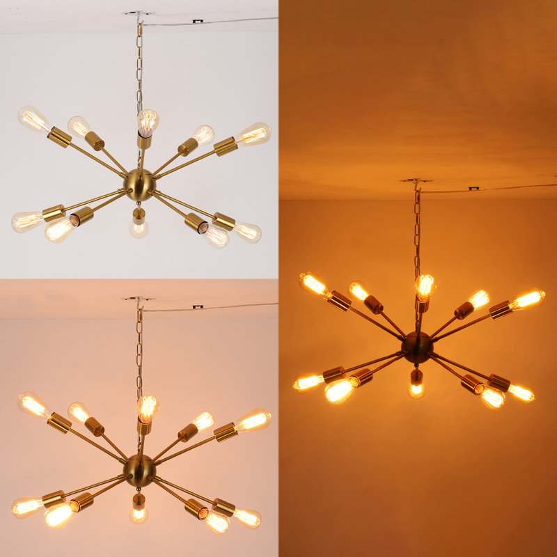 10-Light Gold Dimmable Sputnik Chandelier with Plug-In Cord & Switch, Ideal for Living Room, Dining & Entryway