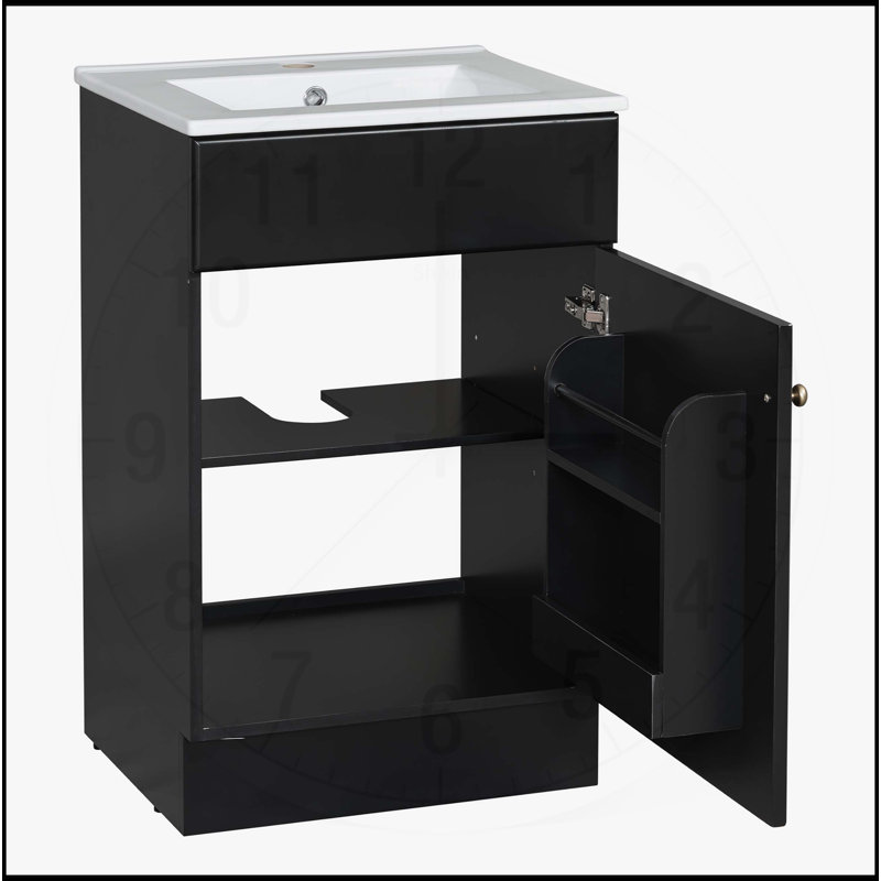 Meuble-lavabo autoportant de 20 po avec lavabo, rangement et tablette réglable, Noir, Doré