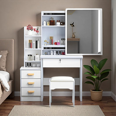 Coiffeuse de maquillage moyenne blanche avec miroir et tiroir à DEL