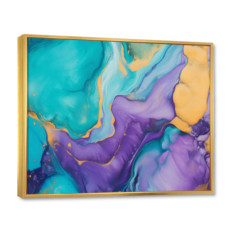 Turquoise et mauve, art liquide I, reproduction d'art sur toile, H 24 po x l 32 po x P 1 po, Cadre flottant doré