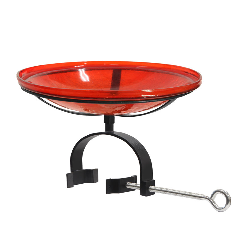 Bain d'oiseaux en verre craquelé avec support sur rail, H 8,5 po x l 15,25 po x P 14 po, Rouge