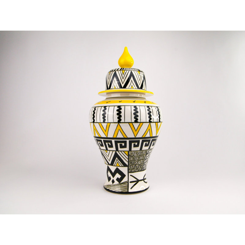African Handmade Ceramic Jar, Yellow/Black/White, 17" H x 9" W x 9" D