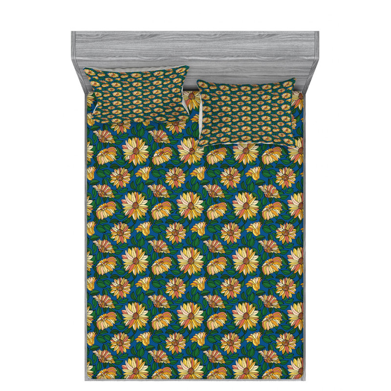 Microfiber Floral Fitted Sheet, Queen Fitted Sheet with 2 Pillowcases