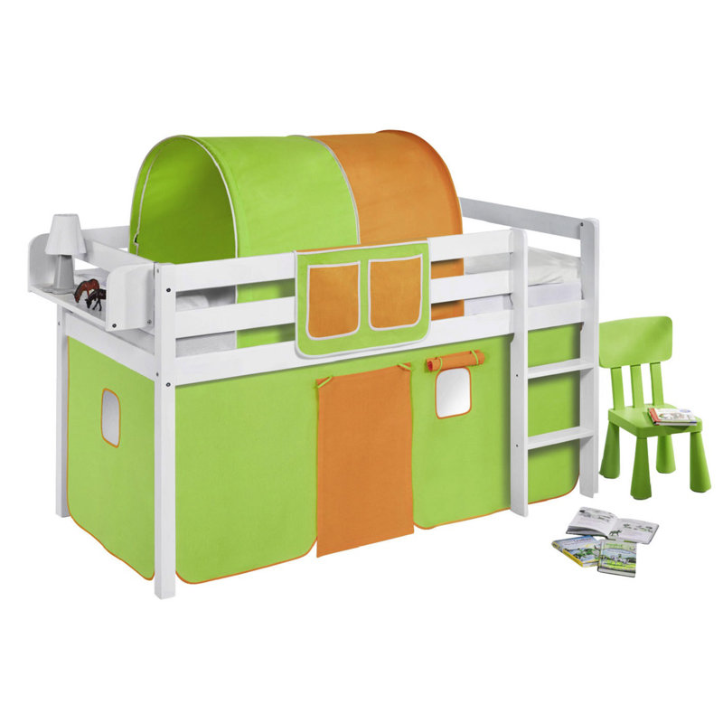Basic Mid Sleeper Bed with Curtain, European Single (90 x 200cm), Green/Orange