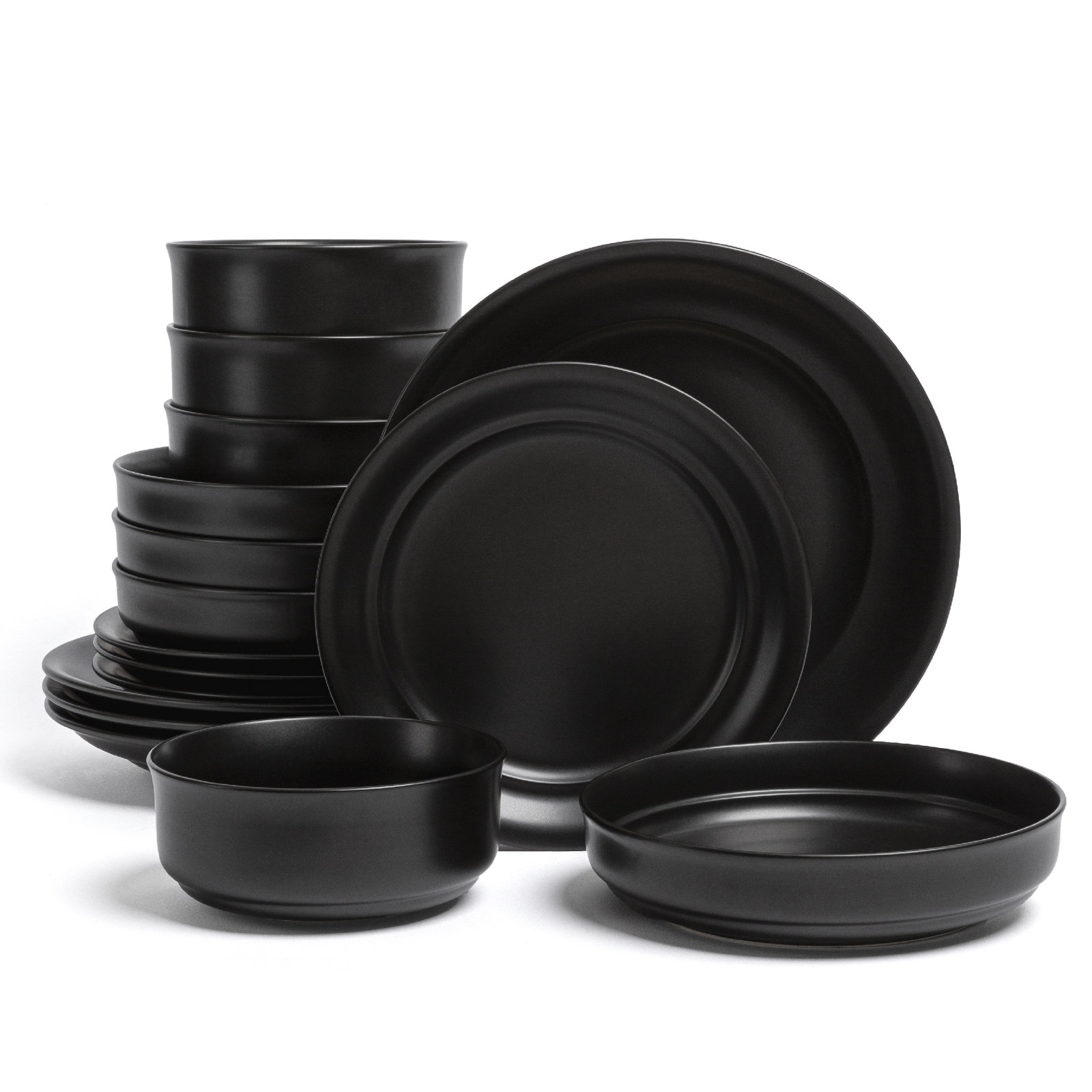 over&back Rimmed 16-Piece Semi Hand-Finished Stoneware Dinnerware Set, Service for 4, Black