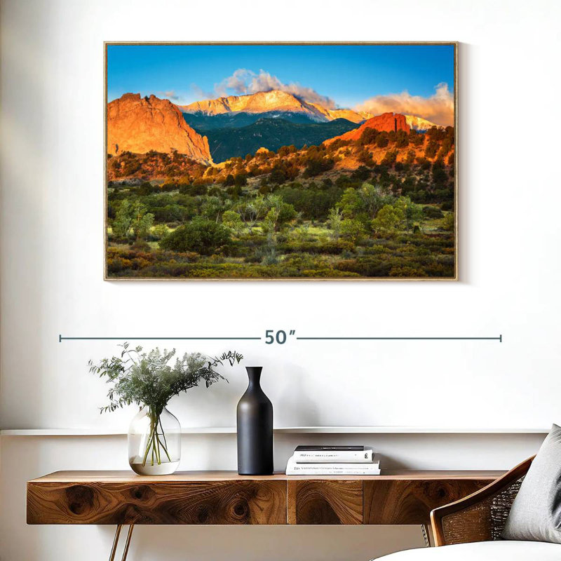 Paysage de montagne Pikes Peak, 40 po x 27 po, Cadre flottant en bois naturel