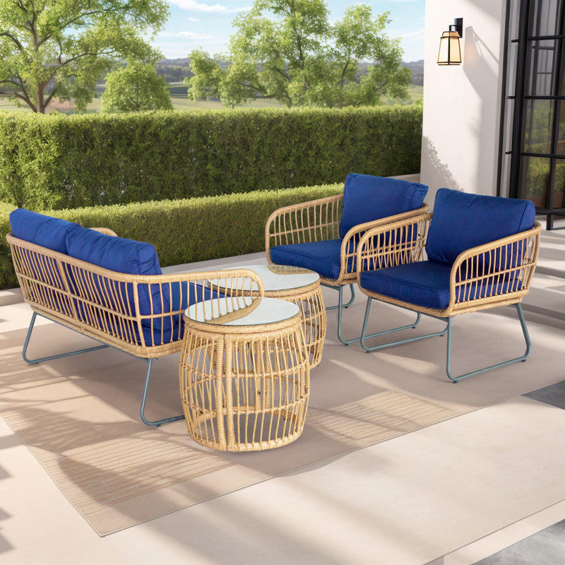 Ensemble de mobilier de jardin Gonneke pour 4 personnes avec coussins et 2 tables basses, Bleu