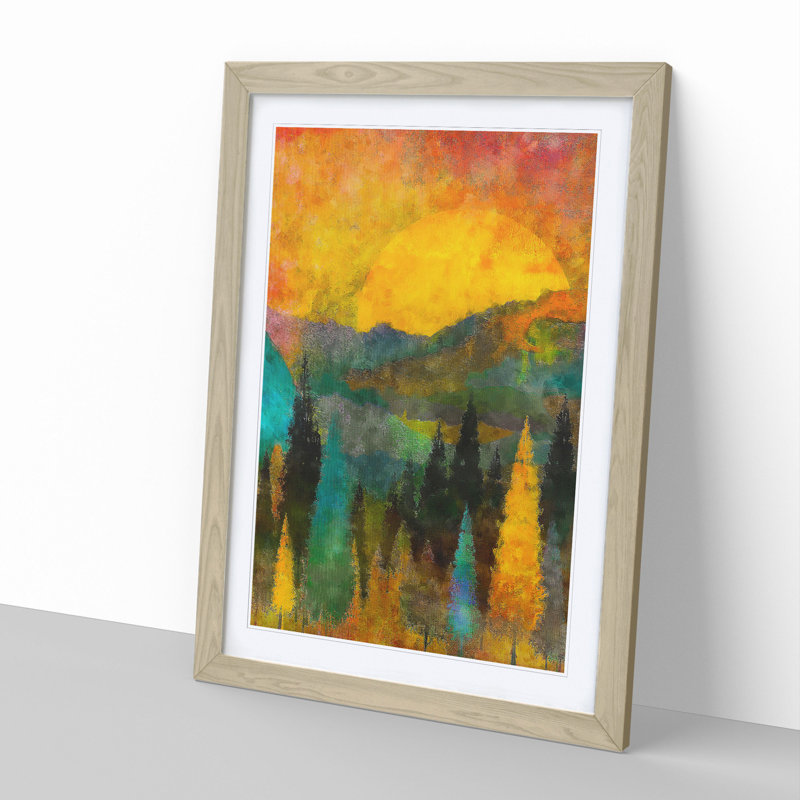 Sun Setting Behind an Autumn Forest - Picture Frame Painting, 65cm H x 48cm W x 2cm D, Oak Framed