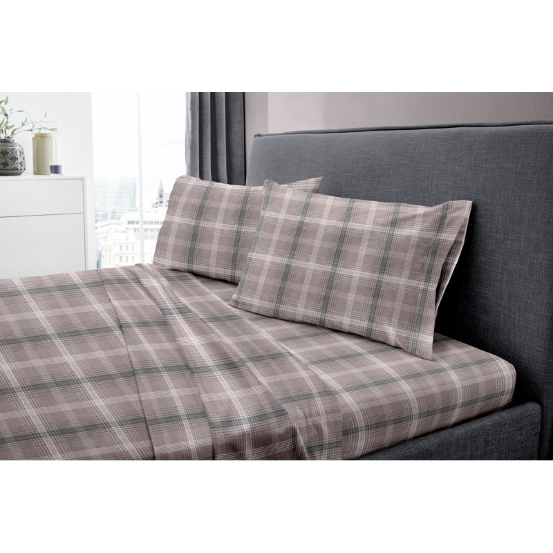 200 Thread Count 100% Cotton Flannel Sheet Set, King, Charcoal Brown Plaid