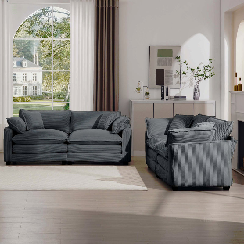 Ensemble de canapé de salon en tissu moderne deux pièces, deux canapés 2 places avec grand fauteuil inclinable à 8 coussins, tissu en velours côtelé gris