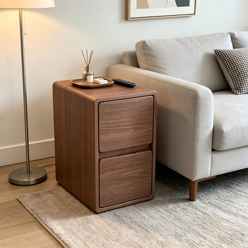 11.8" W Red Walnut Narrow Nightstand, 2-Drawer Slim Bedside Table with 2 Storage Compartments for Small Bedroom, Red Walnut