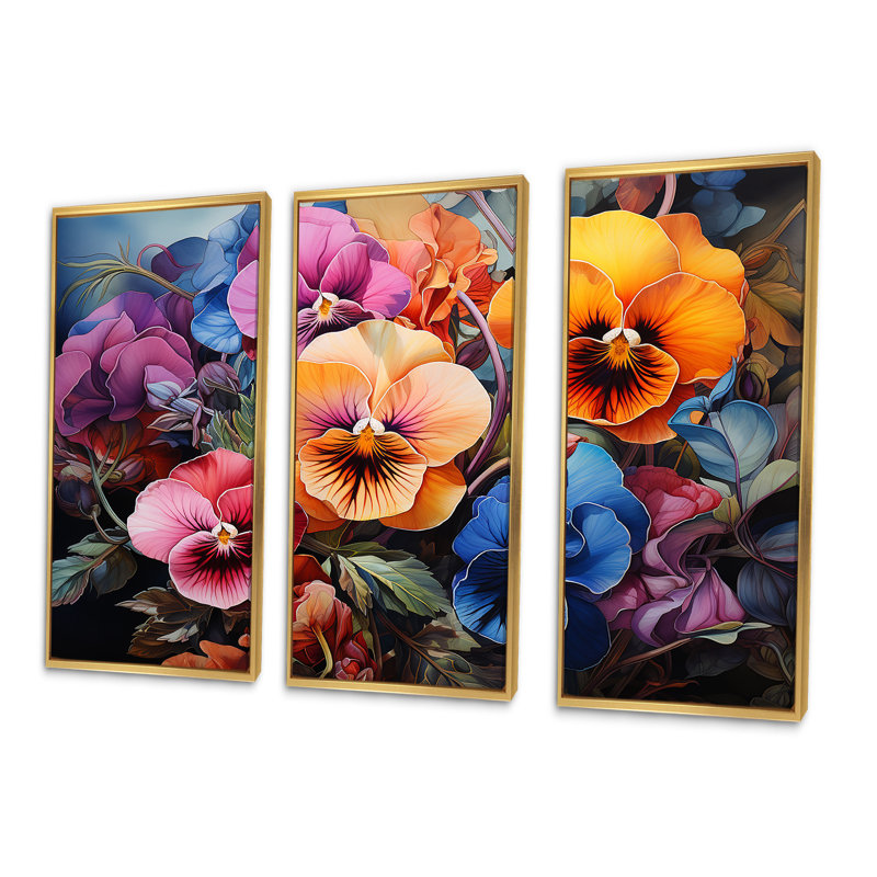 «Colorful Pansy Garden I - Pansies», ensemble d'art mural en toile, Cadre flottant doré, H 40 po x l 60 po x P 1 po
