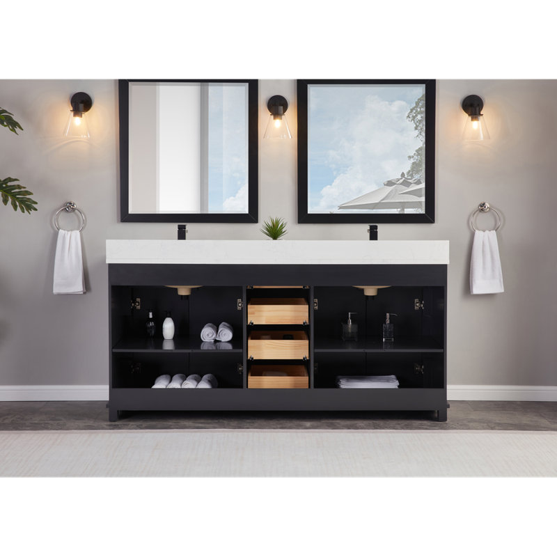 72" Solid Wood Sink Vanity  With 1' Artificial Stone Top, Tricorn Black
