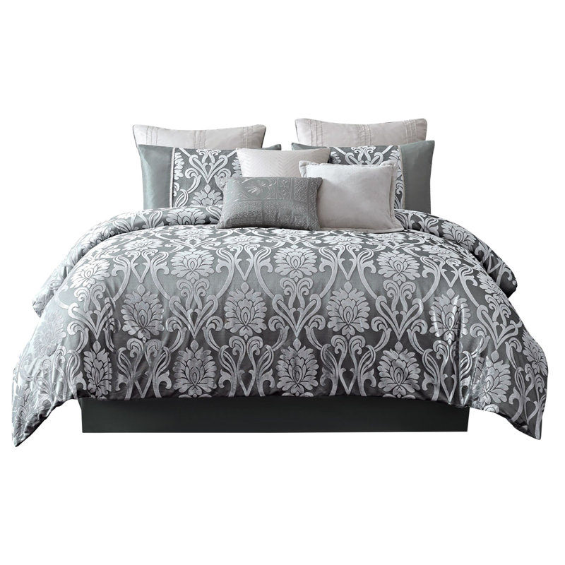  Ensemble d'édredon en microfibre gris / argenté 9 pièces, Grand édredon et 8 pièces supplémentaires