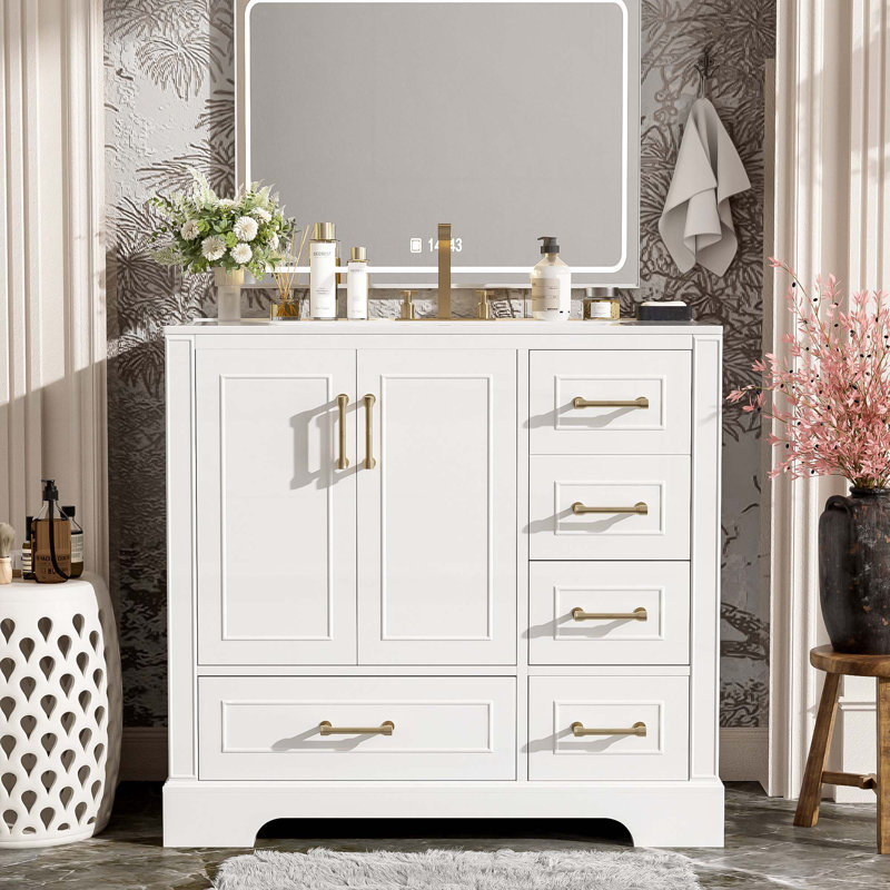 36"Bathroom Vanity with Ceramic Sink, White