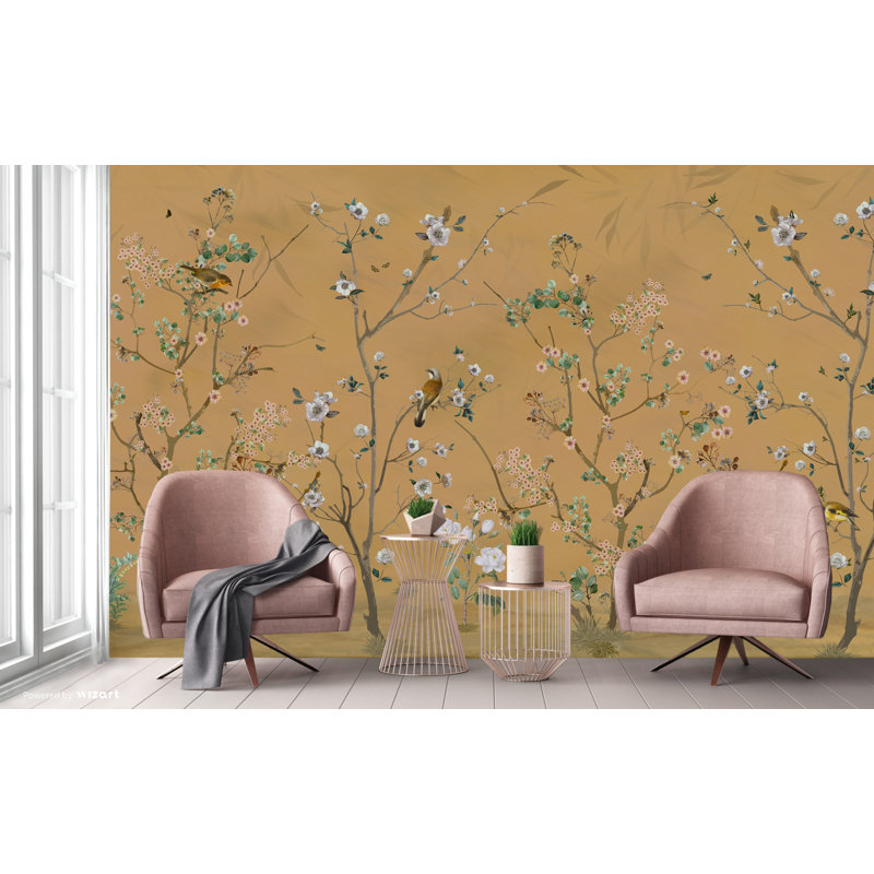 Papier peint floral symphonique peint à la main Serene, L 110,04 po x l 204 po, Jaune