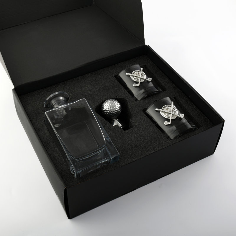Glass Whiskey Golf Ball Decanter with Pair of Double Old Fashion Glasses