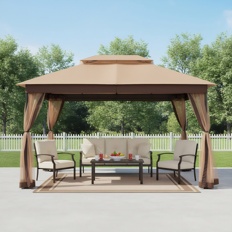 Pavillon de jardin permanent en métal L 10 pi. D Pavillon de jardin en acier avec filet (assemblage rapide sans outil), Kaki