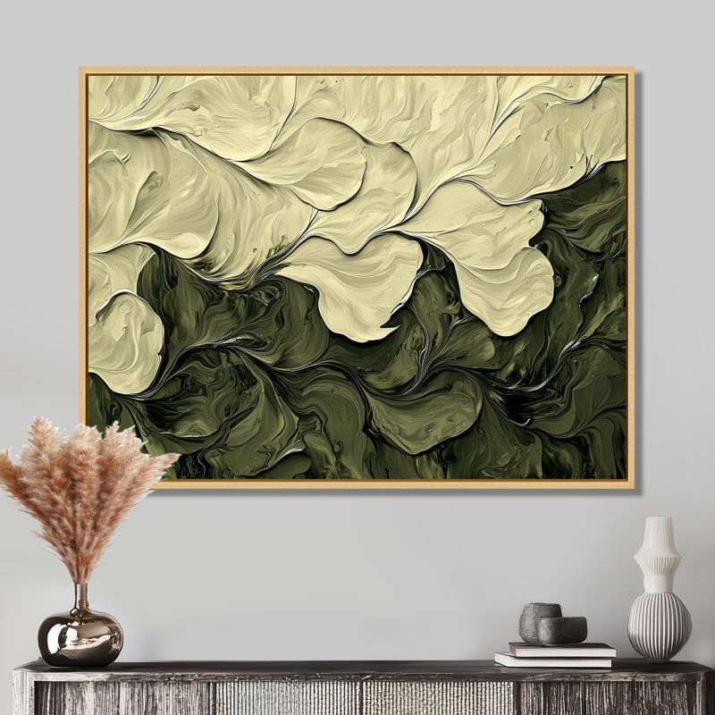 Jacovian abstrait crème vert pétale danse I - abstrait grand art mural, H 24 po x l 32 po, Toile tendue, Ne s’applique pas