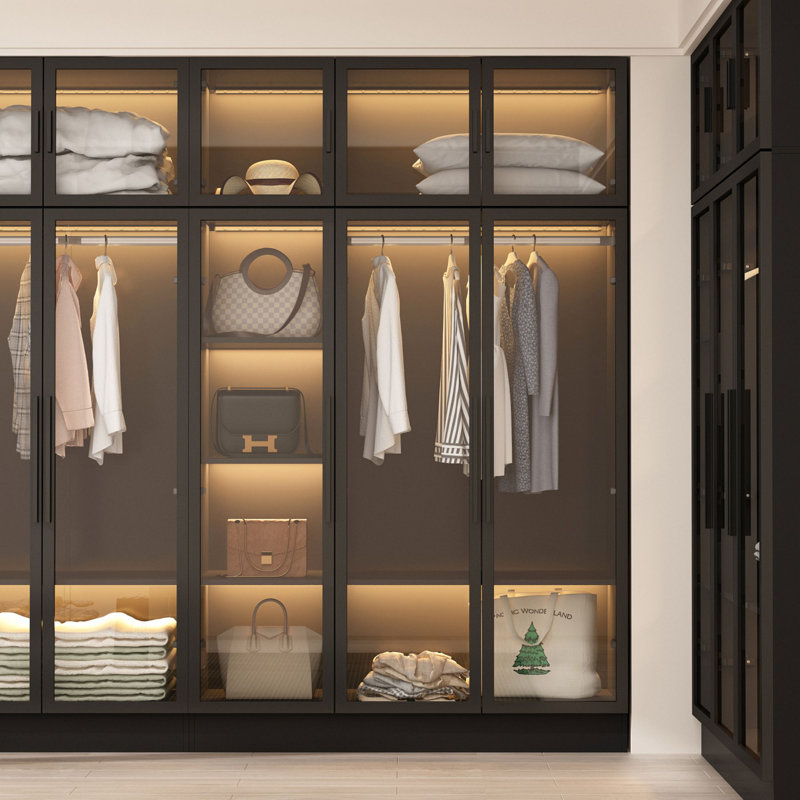 Closet System With Light And 6 Tempered Glass Door, Black