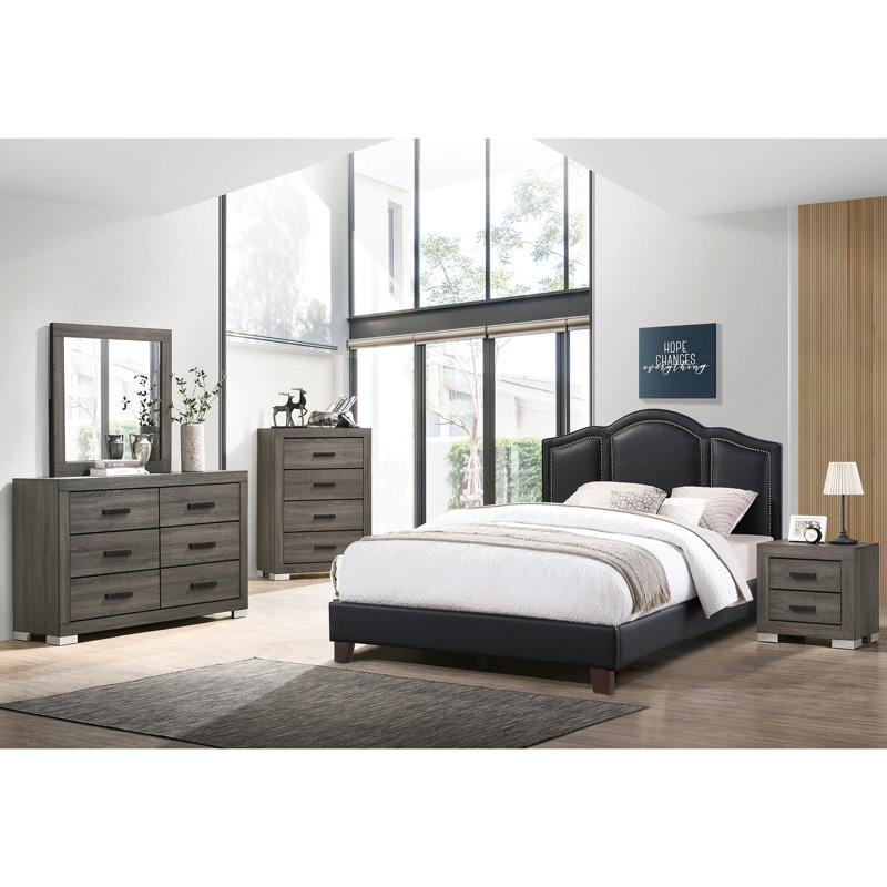 Lit double noir avec similicuir Verve, structure en bois brun Grace