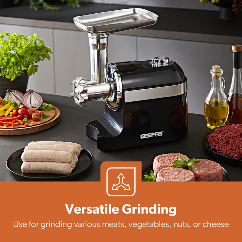 GEEPAS Electric Meat Grinder | Stainless Steel Meat Mincer & Sausage Stuffer, Food Grinding Mincing Machine with Kibbe | 3 Different Cutting Plates, Reverse Function, 1800W, Plastic Housing, Black